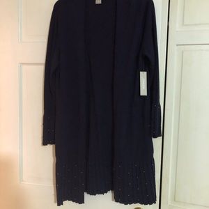 Navy beaded duster cardigan with pleated bottom and sleeves with beads